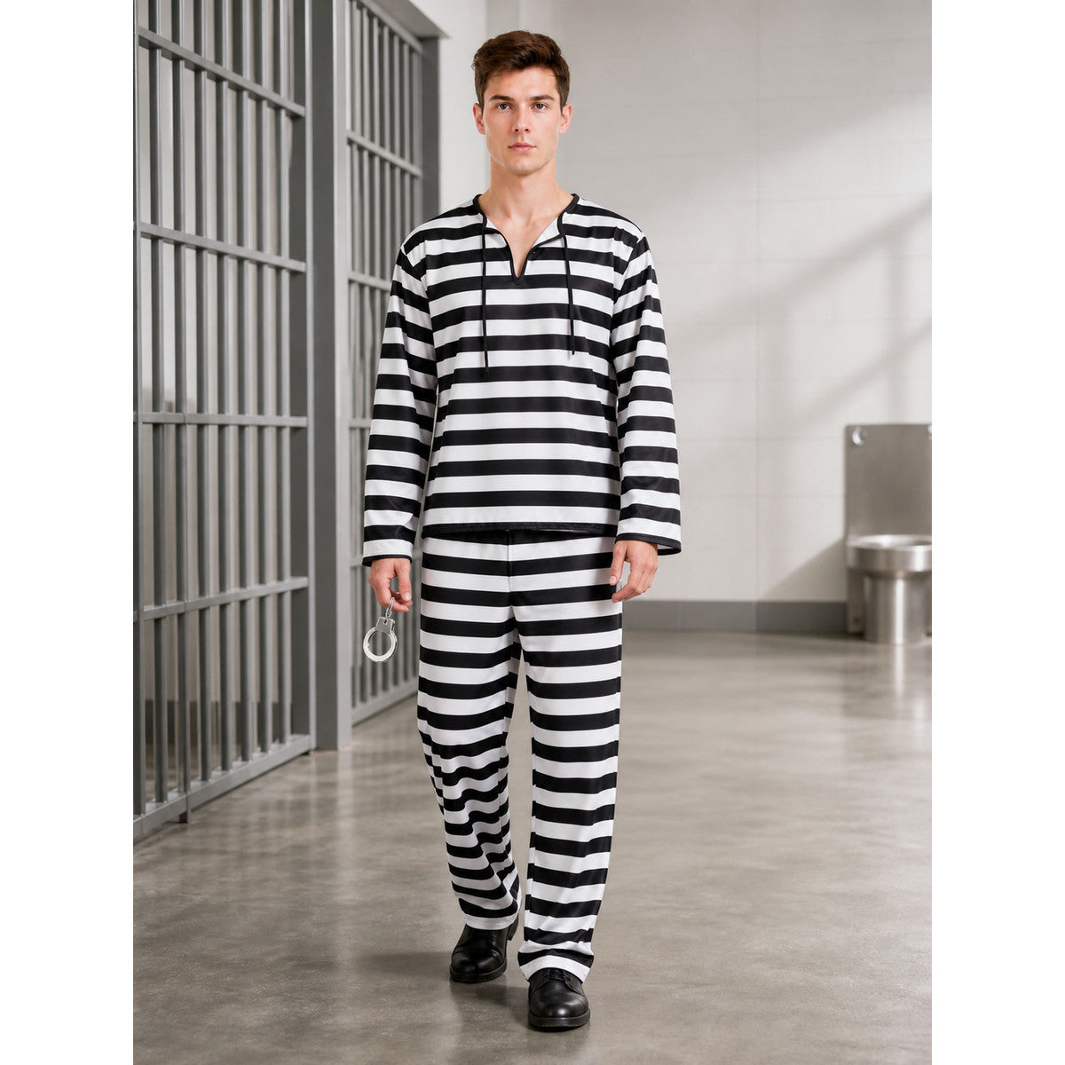 Striped Prisoner Costume with Cap and Handcuffs lifestyle view