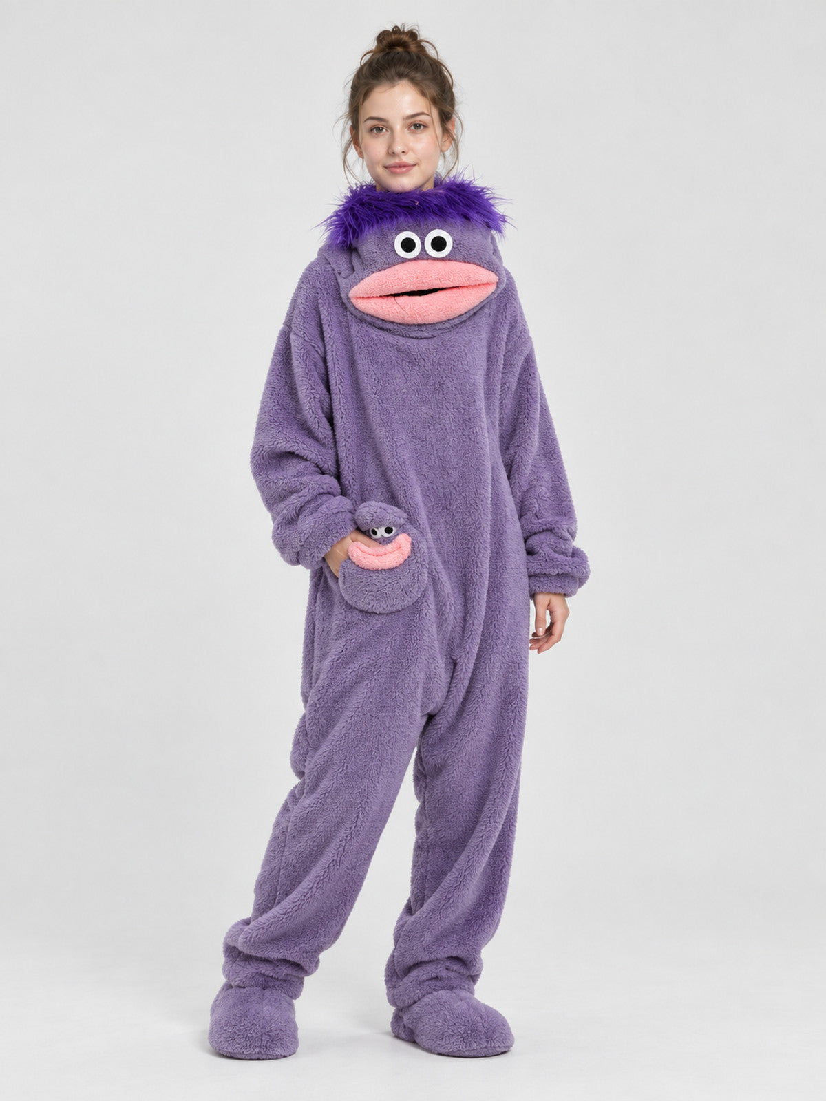 Insulated purple pajama jumpsuit with puffy eyes