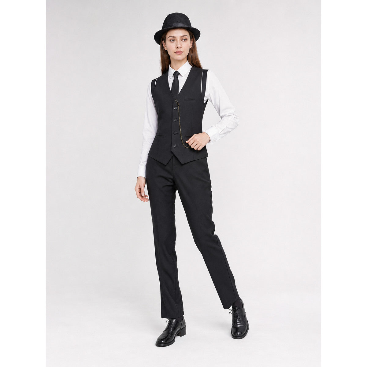 Vintage costume designed in a formal style with retro and gangster-inspired elements. The set includes a white long-sleeve shirt with a collar, a black button-front vest with lapels, a breast pocket, and lower pockets, as well as a black ne