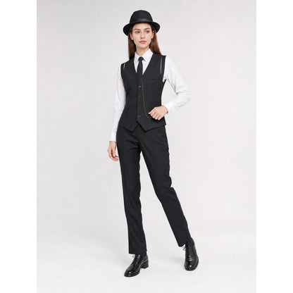 Vintage costume designed in a formal style with retro and gangster-inspired elements. The set includes a white long-sleeve shirt with a collar, a black button-front vest with lapels, a breast pocket, and lower pockets, as well as a black ne