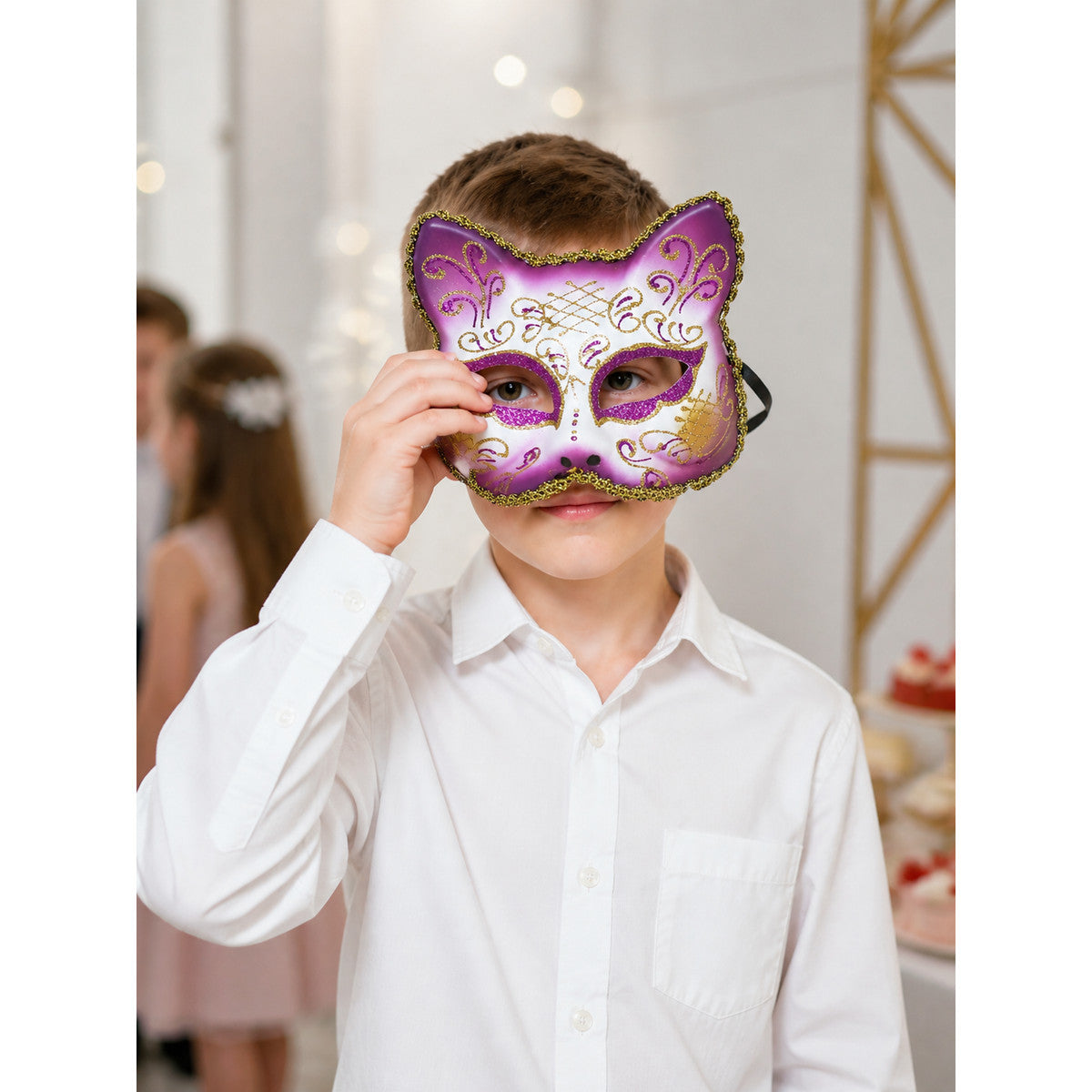 Purple Carnival Mask for Halloween and Cosplay lifestyle view