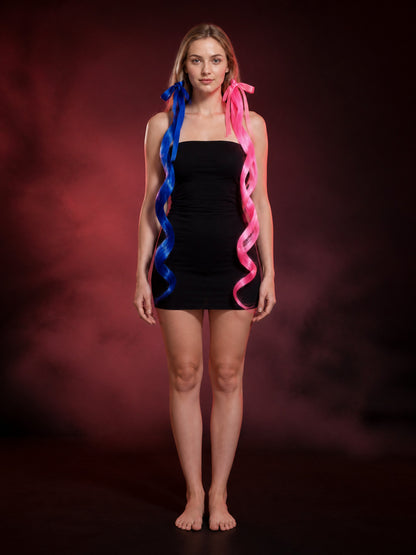 Harley Quinn Hair Extensions, Pink and Blue Wavy Weft with Ribbon and Clip