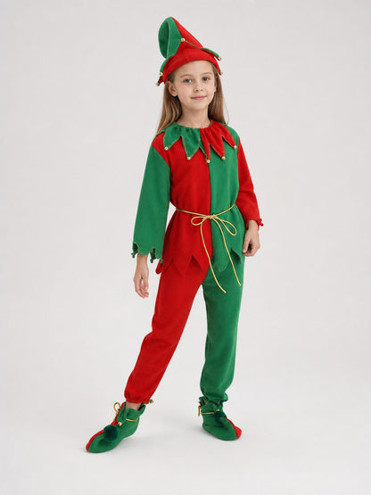Children’s Christmas elf costume in festive red and green with gold and yellow