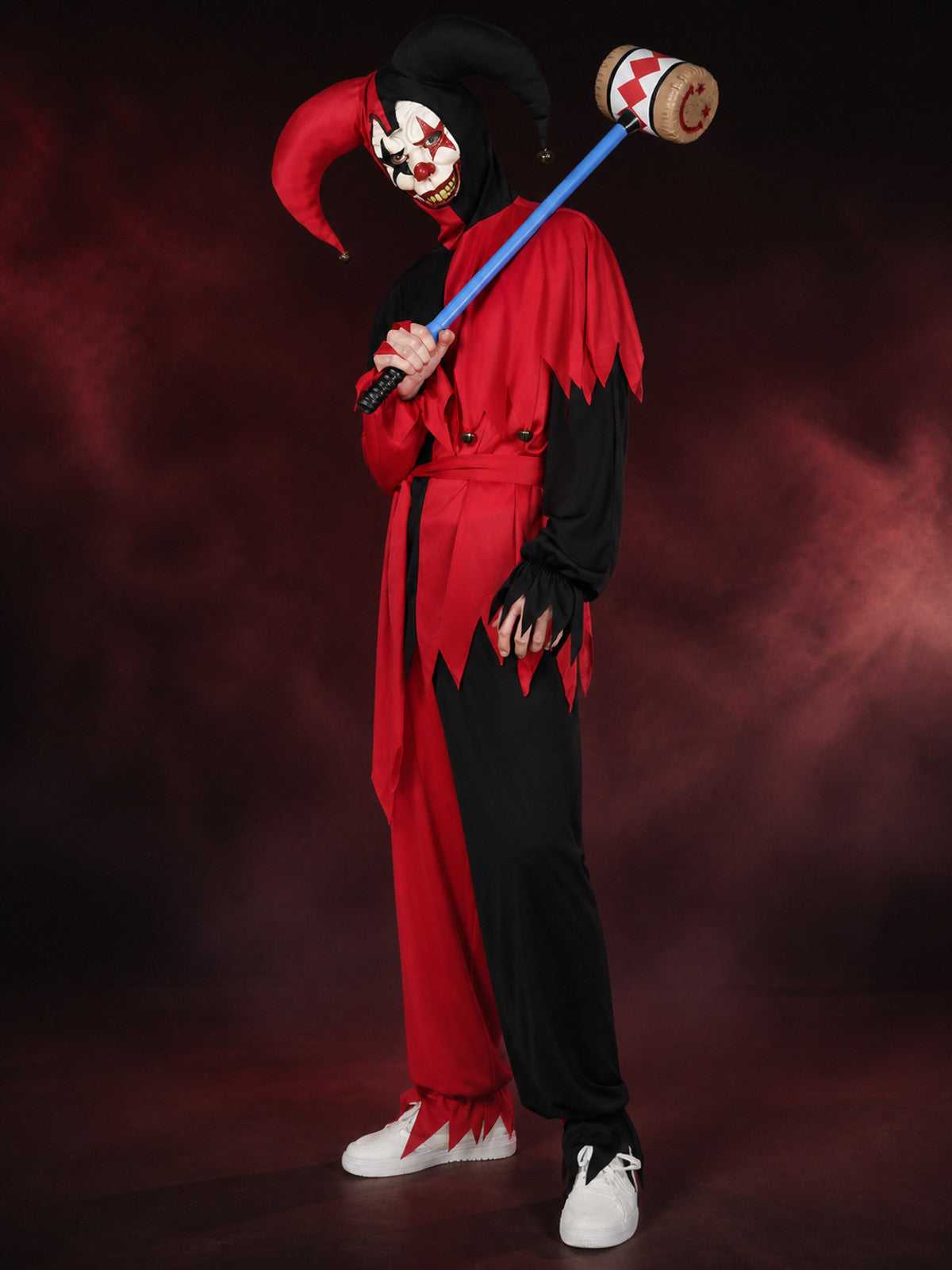 Unisex Red Black Jester Costume Jumpsuit, Hooded with Ruffled Trim, Halloween main product view