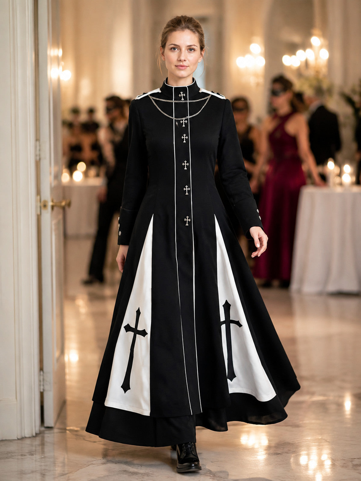 Gothic Maxi Dress with White Trim lifestyle view