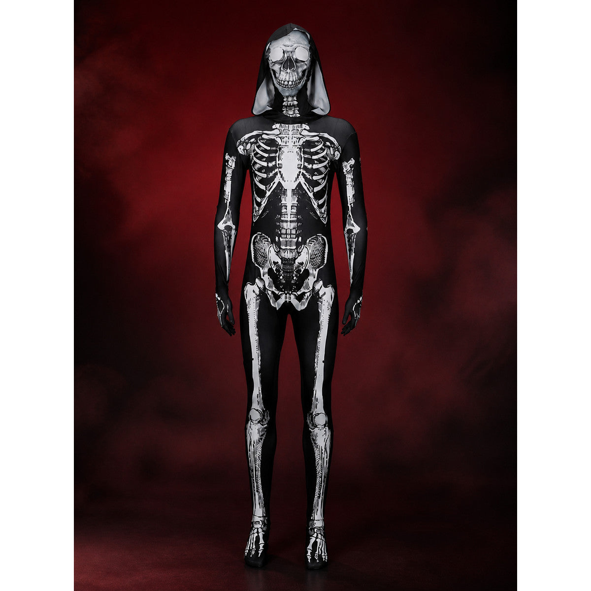 Skeleton Hooded Jumpsuit Costume, Black White Full Body Print for Halloween main product view