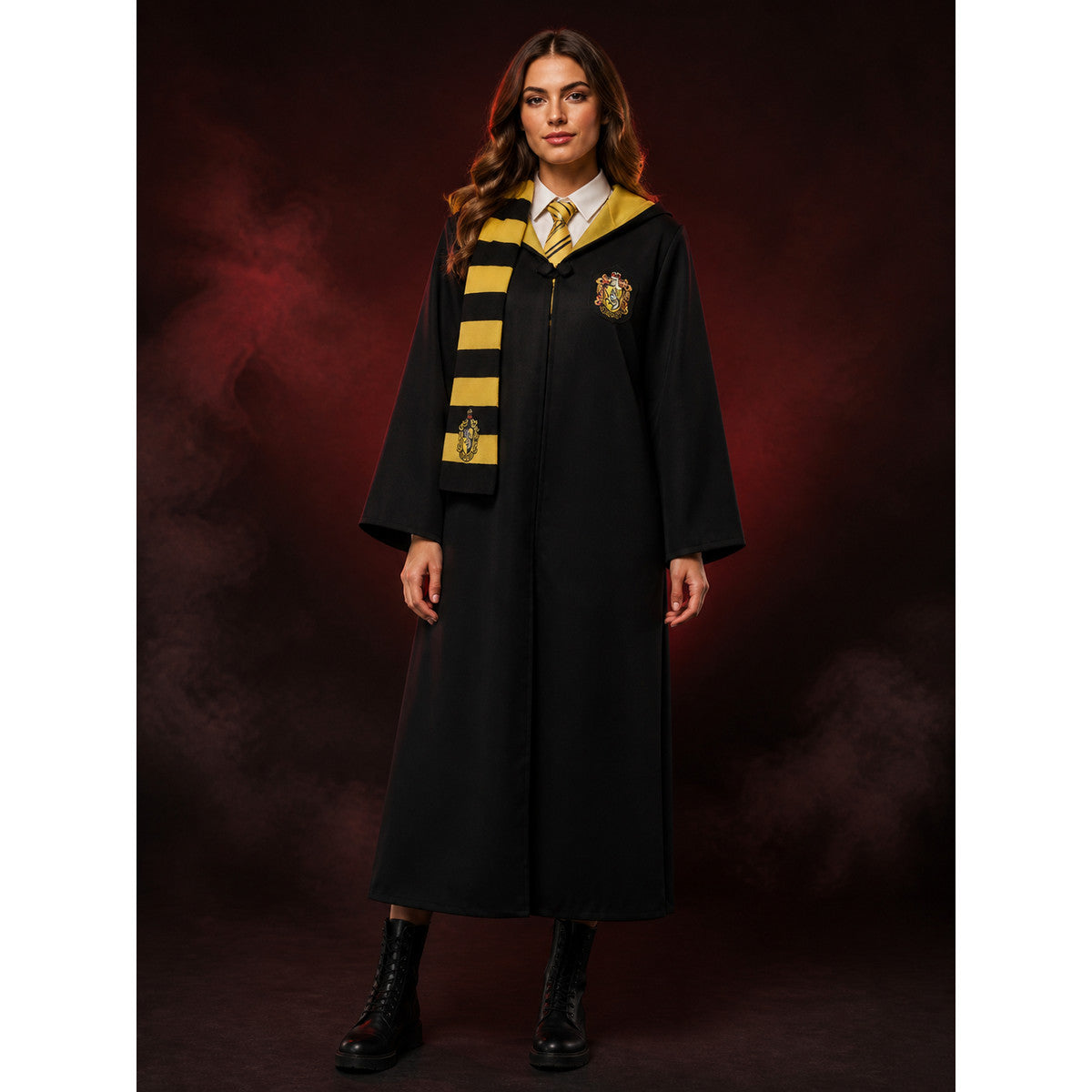 Wizard School Uniform Costume Set, Long Hooded Black Robe with Black-Yellow main product view