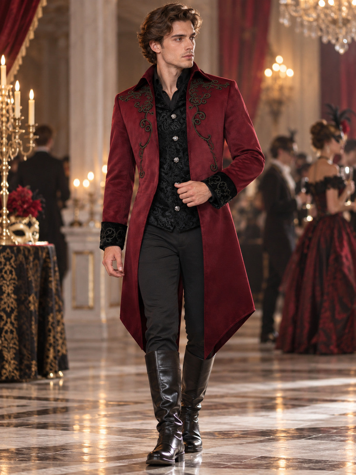 Burgundy Vampire Carnival Tailcoat with Black Embroidery