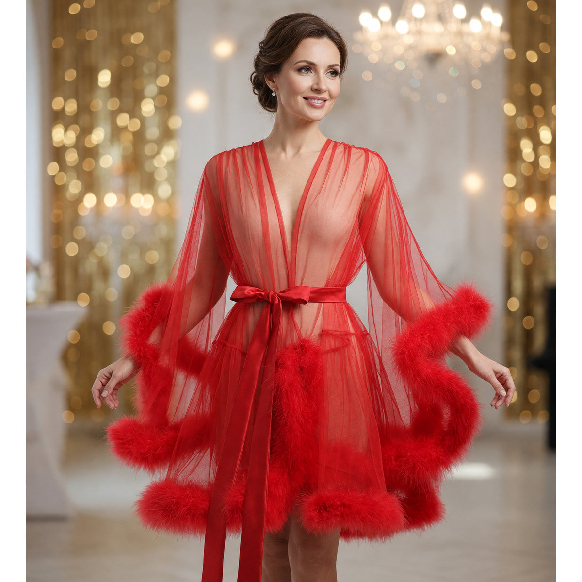 Red Adult Semi-Transparent Cape with Fluffy Trim