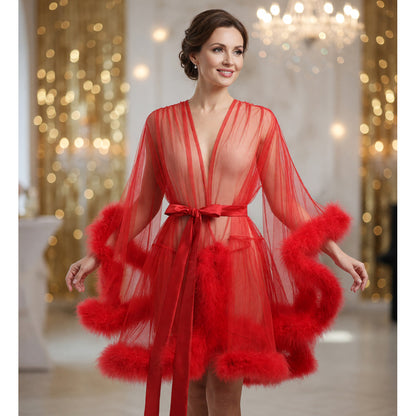 Red Adult Semi-Transparent Cape with Fluffy Trim