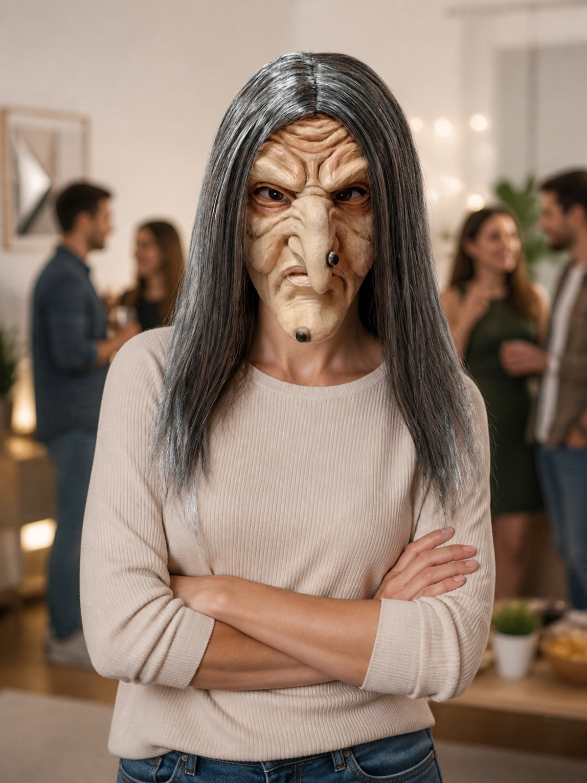 Scary Witch Carnival Mask with Long Hair lifestyle view