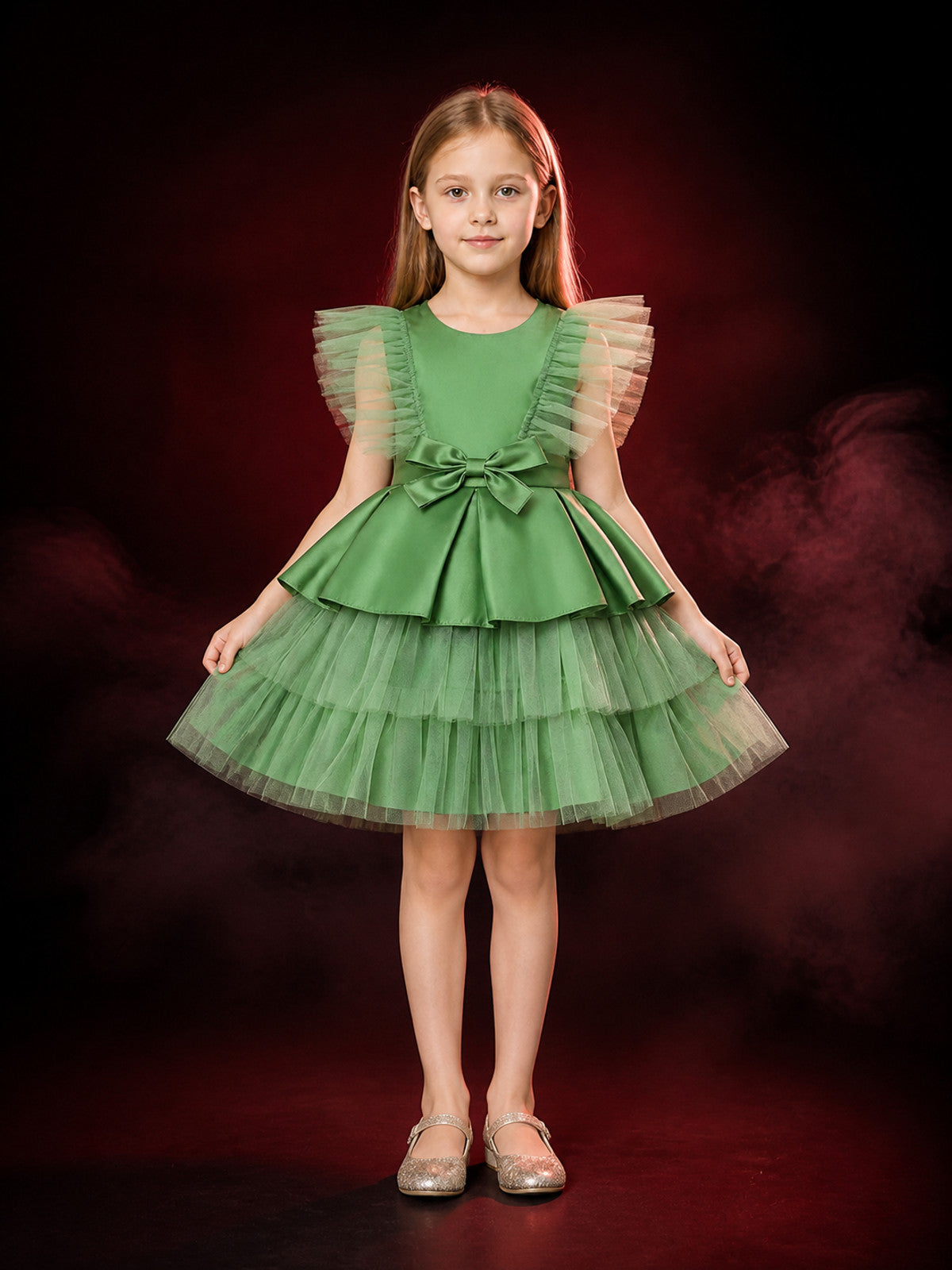Girls' Green Princess Tulle Dress, Short Sleeve Bow Flower Girl Formal Dress main product view