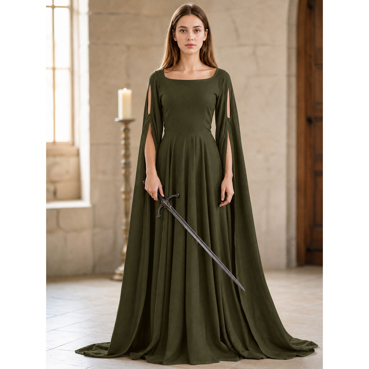 Fantasy-Style Dress with a Draped Skirt and Train