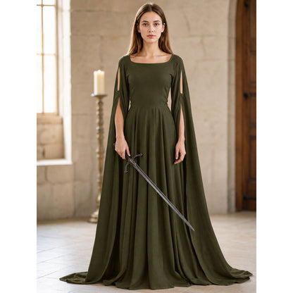 Fantasy-Style Dress with a Draped Skirt and Train