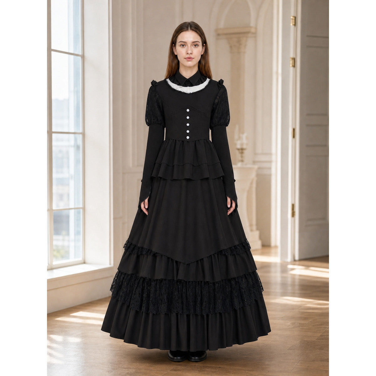 Gothic Dress with a High Collar and Ruffles lifestyle