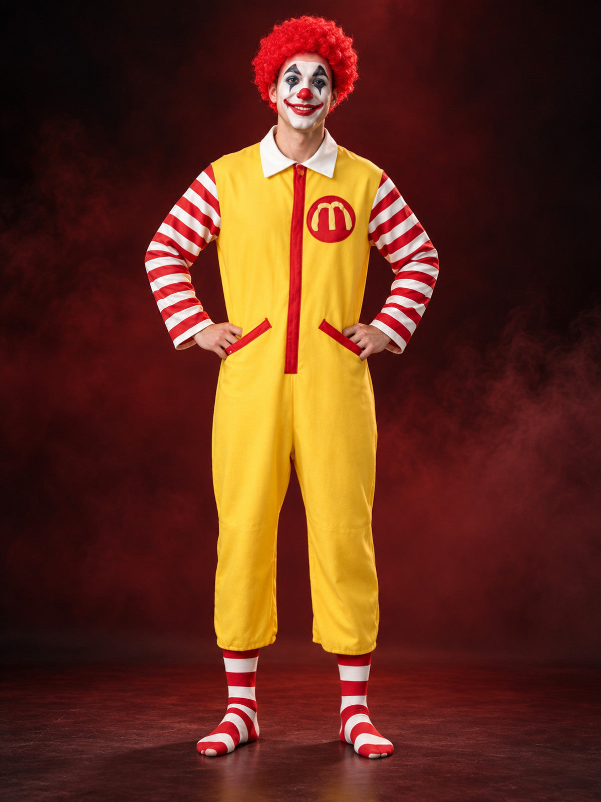 Yellow Clown Costume with Red Wig and Stripes