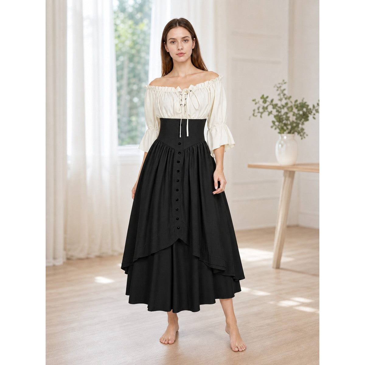 Vintage-style off-the-shoulder lace-up dress
