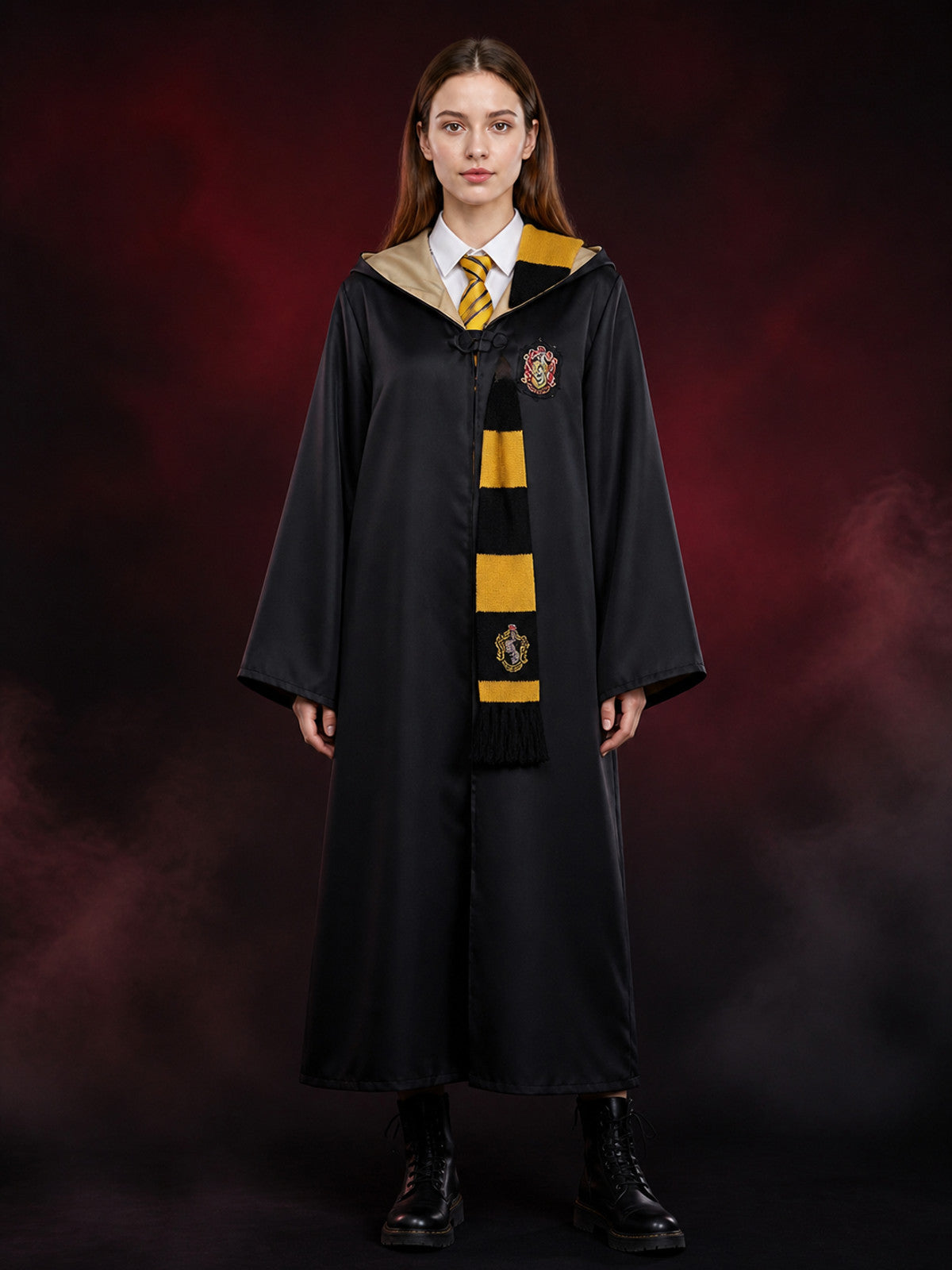 Wizard Cosplay Costume Set - Yellow and Black Hooded Robe, Tie & Scarf main product view