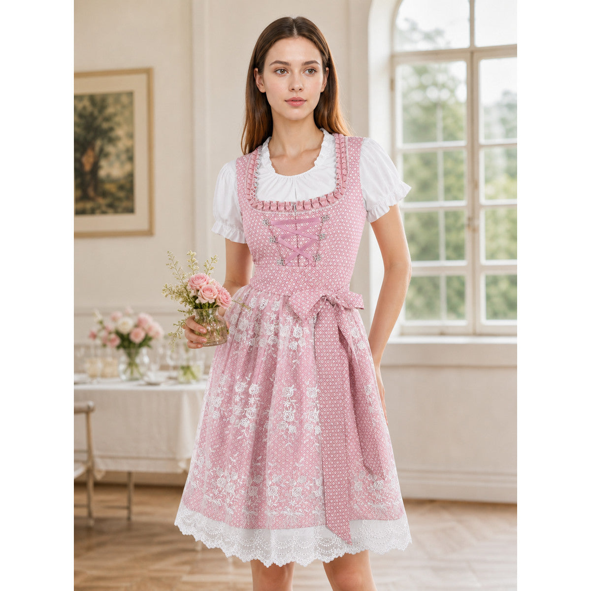 Pink and White Embroidered Dirndl-Style Dress