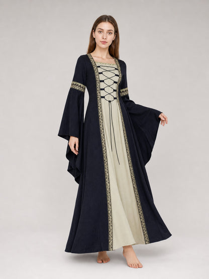 Medieval-style dress with flared sleeves, lacing, and decorative trim. The dress