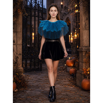 Blue Feather Mesh Shawl, Sheer Shoulder Covering With Collar Feather Trim, Fan-Shaped Draped Short Cape Accessory