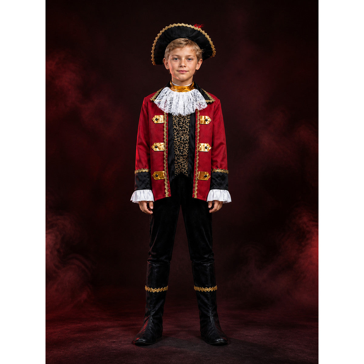 Kids Pirate Captain Costume Set, Red Coat with Gold Trim, Tricorn Hat, and lifestyle