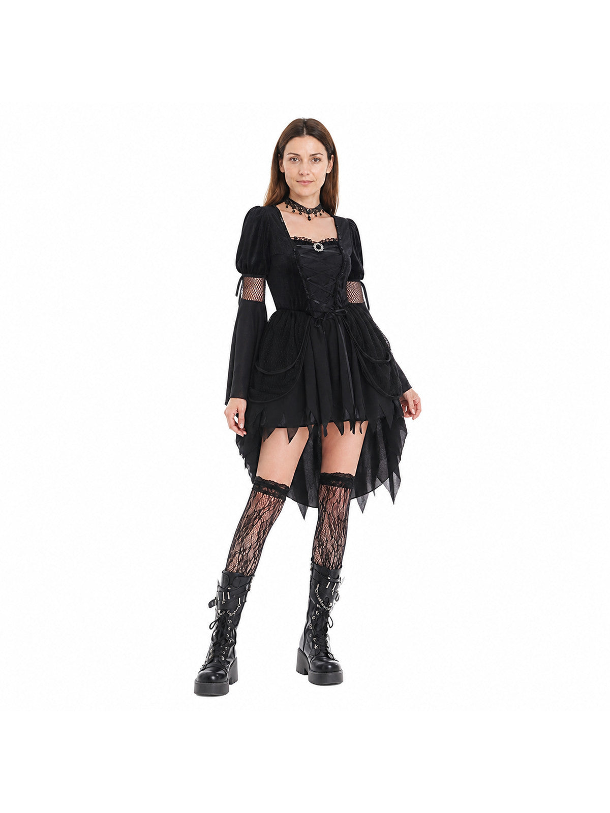 Black Gothic Dress with Asymmetrical Hem and Accessories