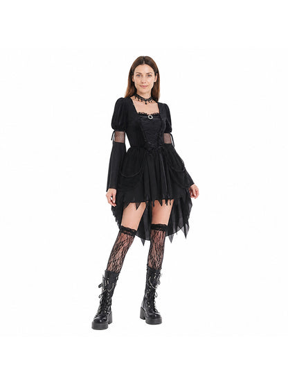 Black Gothic Dress with Asymmetrical Hem and Accessories