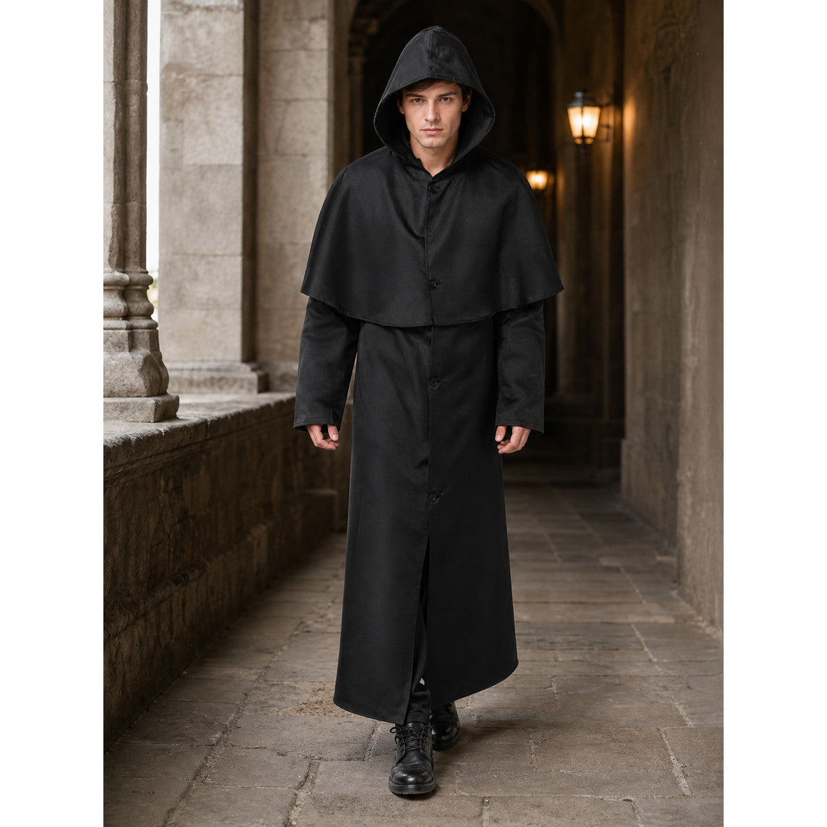 Long Black Hooded Cloak for Cosplay lifestyle view