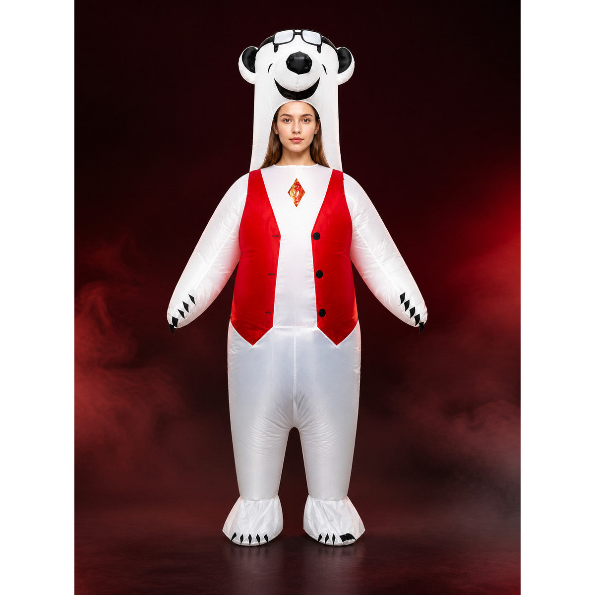 Unisex White Polar Bear Animal Onesie Costume with Red Vest Front and Black main product view
