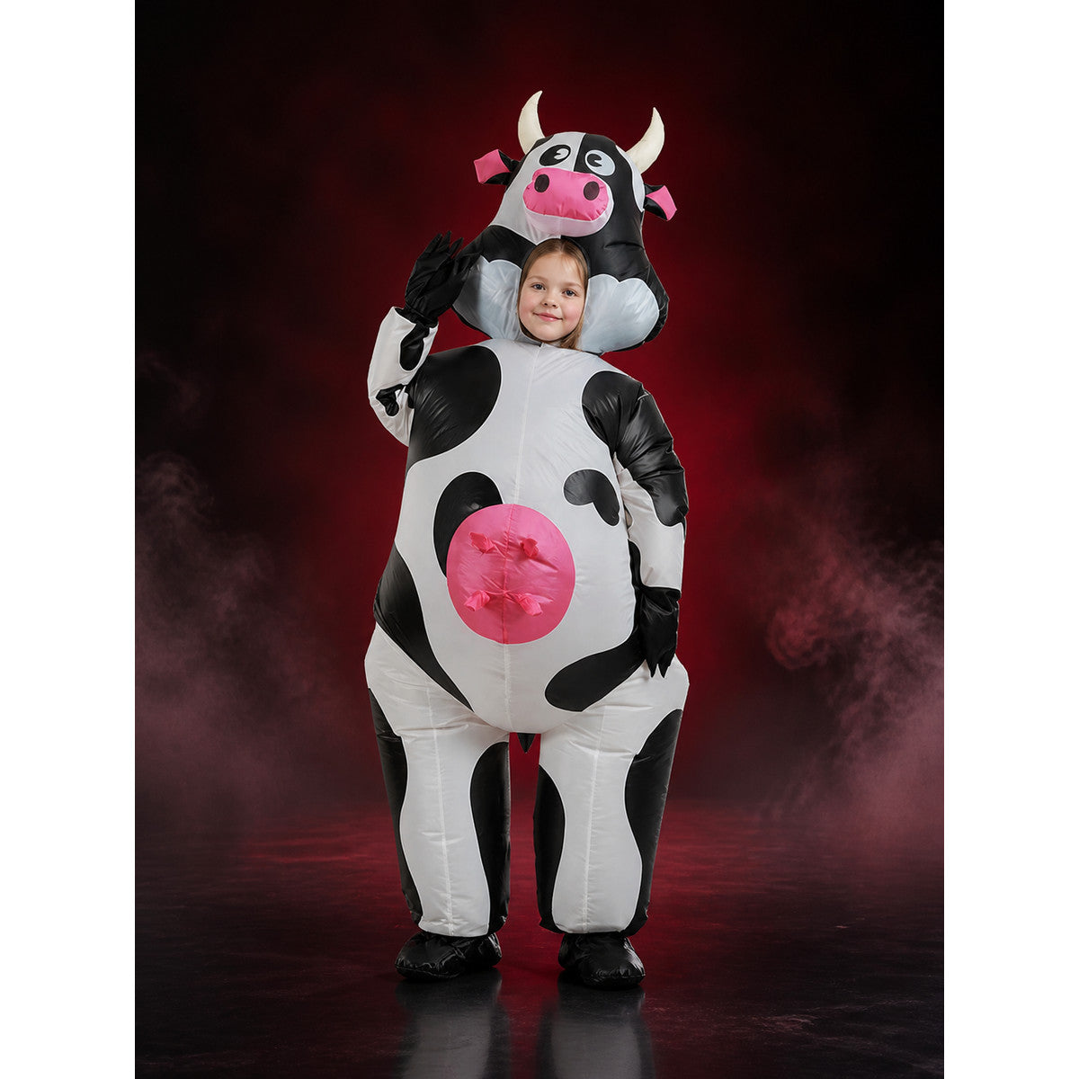 Kids Inflatable Cow Costume Bodysuit with Horned Hood, Black and White Spotted main product view