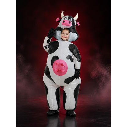 Kids Inflatable Cow Costume Bodysuit with Horned Hood, Black and White Spotted main product view