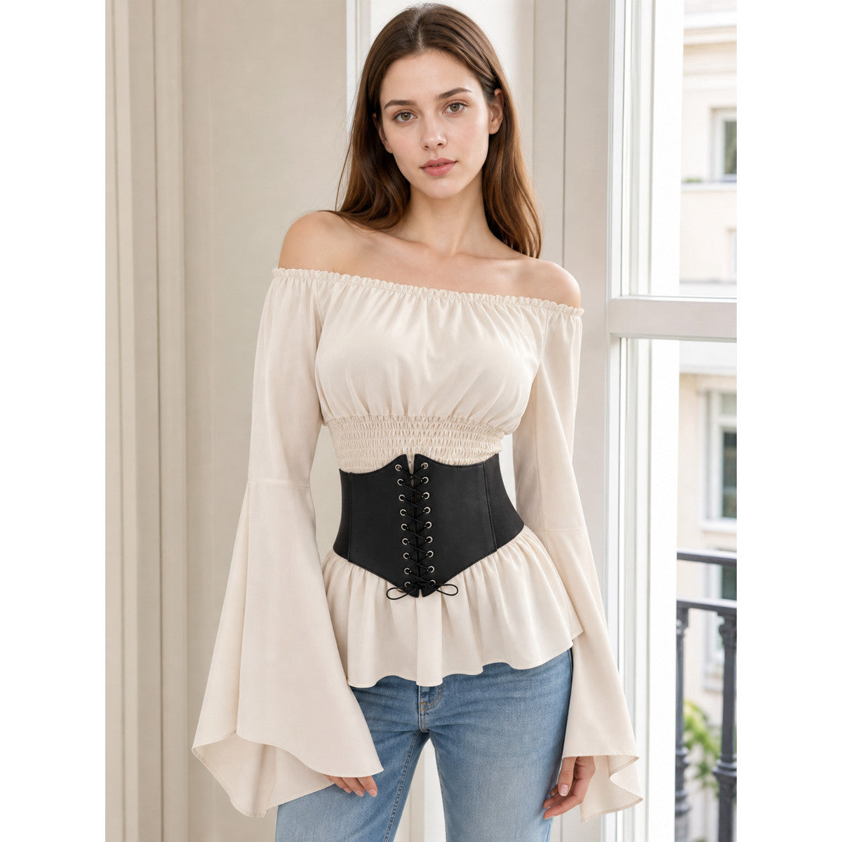 Off-the-Shoulder Blouse with Corset Belt