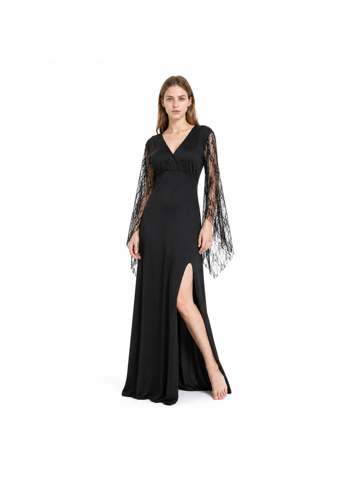 Black Dress with a V-Neck and Lace Sleeves Costume Dresses detail