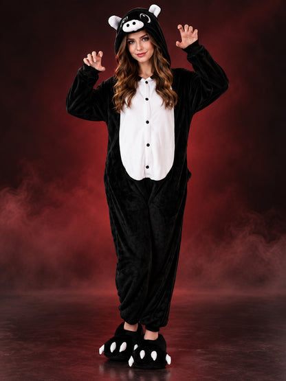 Black and white jumpsuit pajama with skull graphic on the hood