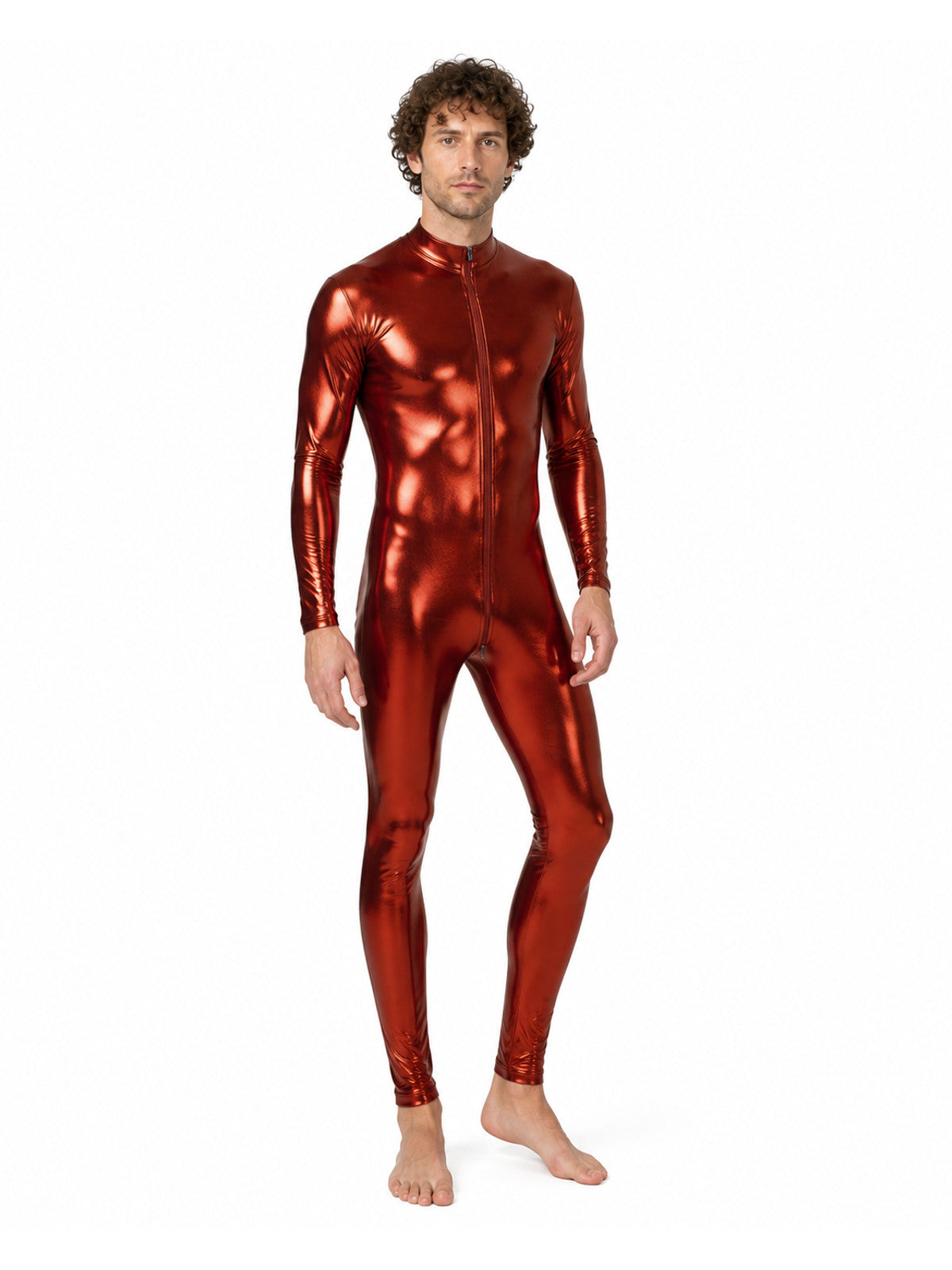 Glossy form-fitting jumpsuit with a zipper and feet product detail