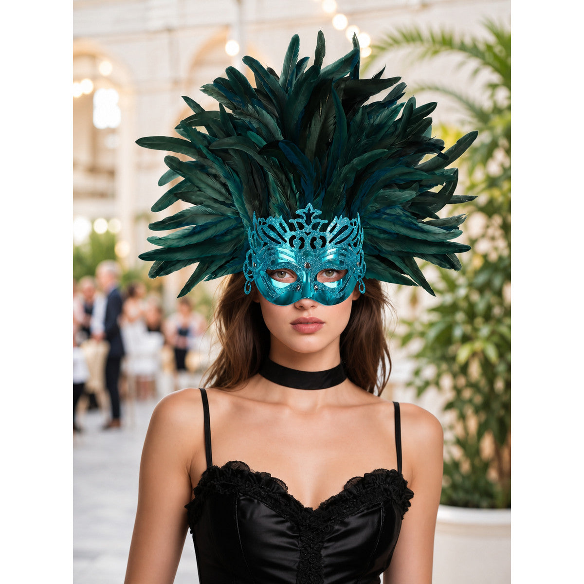 Turquoise feathered mask headpiece with dark teal plumes, shown on a model in a decorated indoor setting
