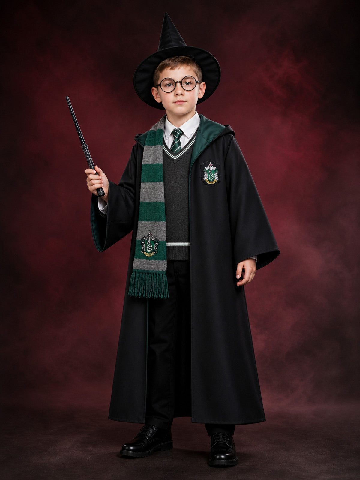 Green Wizard Costume Set with Hooded Robe, Striped Scarf, Hat, Wand and Glasses main product view