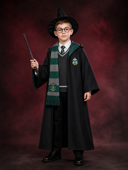 Green Wizard Costume Set with Hooded Robe, Striped Scarf, Hat, Wand and Glasses main product view