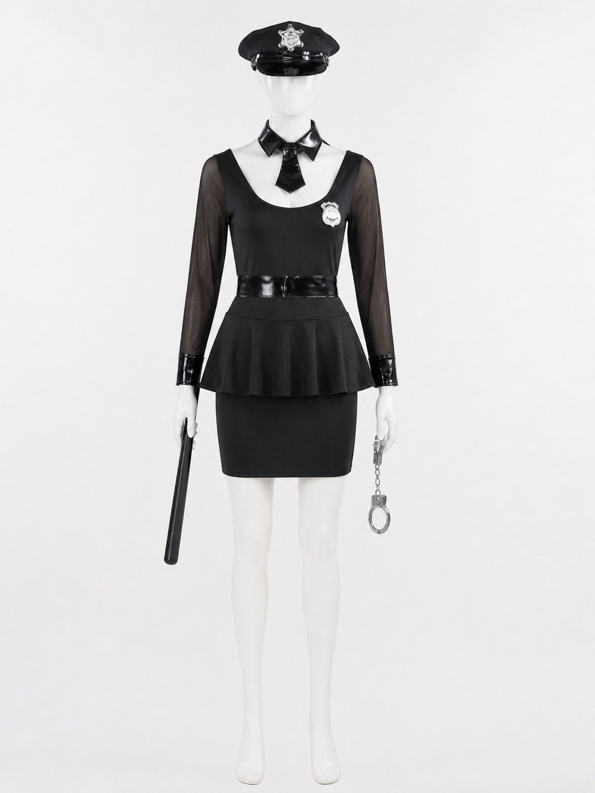 Women's Black Police Officer Costume Dress with Belt Hat Handcuffs Baton, Sexy