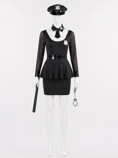 Women's Black Police Officer Costume Dress with Belt Hat Handcuffs Baton, Sexy