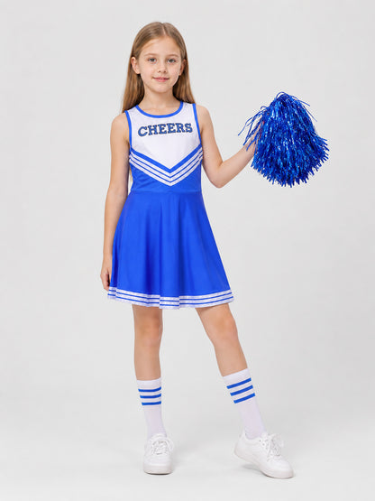 Children’s blue and white cheerleading costume with pom-poms