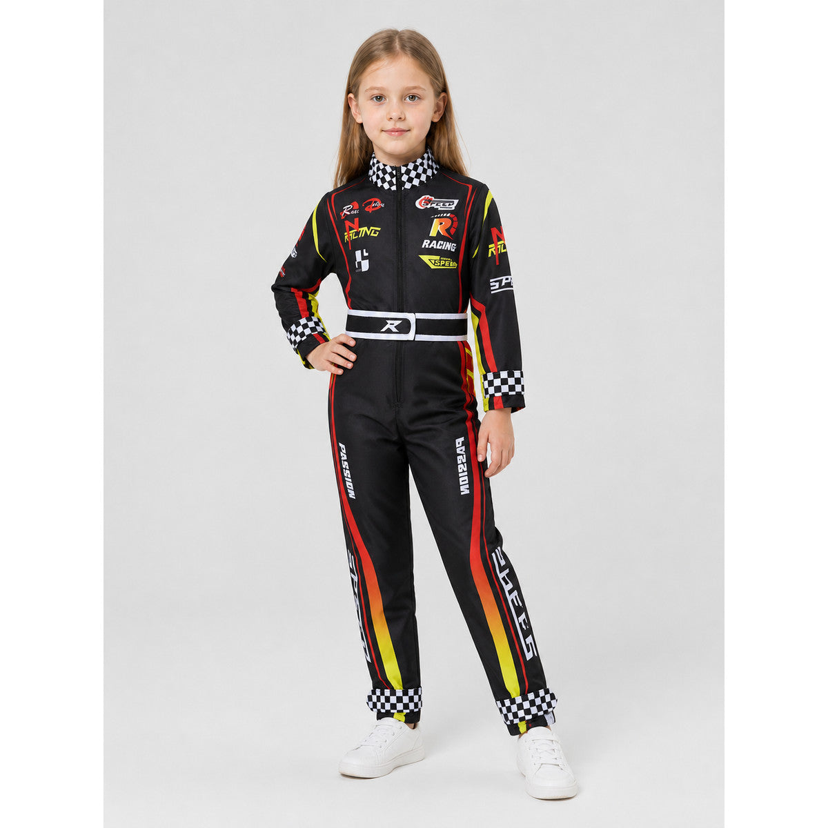 Children’s Summer Racing Jumpsuit with Stripes and Checkerboard Pattern lifestyle