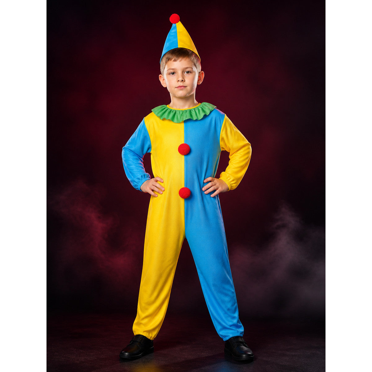 Boys' Colorful Clown Costume Set with Jumpsuit and Cone Hat, Carnival Dress-Up main product view