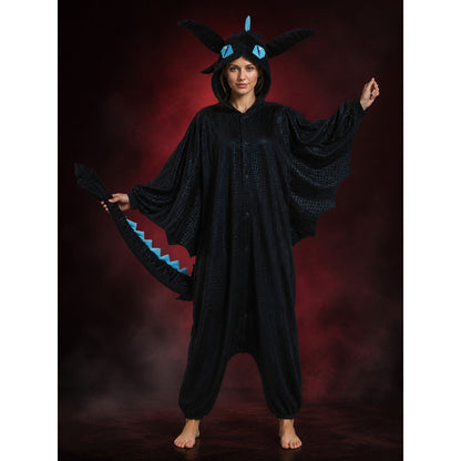 Dragon Hooded Jumpsuit Costume, Black with Blue Accents, Long Tail and main product view