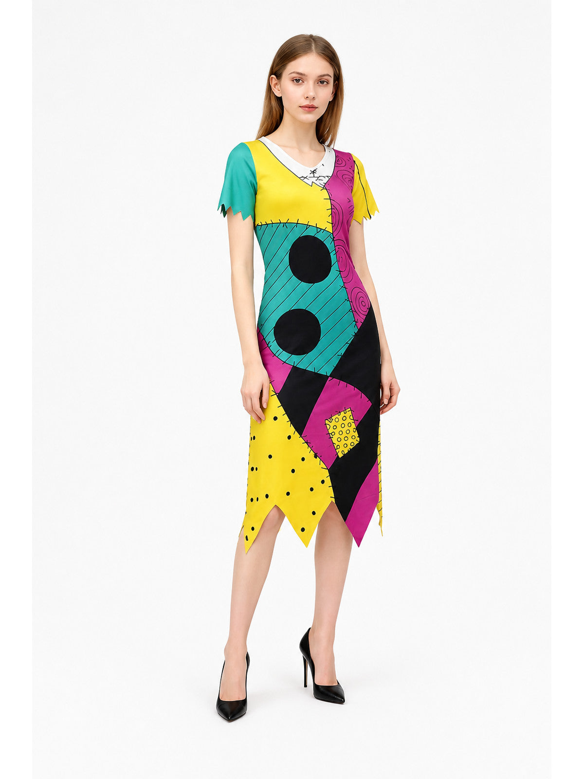 Midi Dress with Geometric Insert and Jagged Hem
