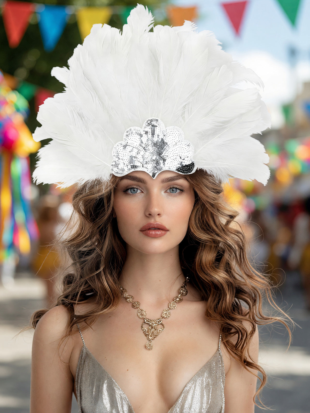 White feather carnival headband worn by a model in a colorful festive setting, with a silver sequined decoration at the front