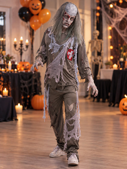 Adult Zombie Costume Gray-Green with Cross Patch