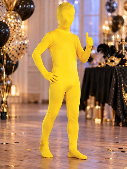 Yellow tight-fitting jumpsuit with full head coverage