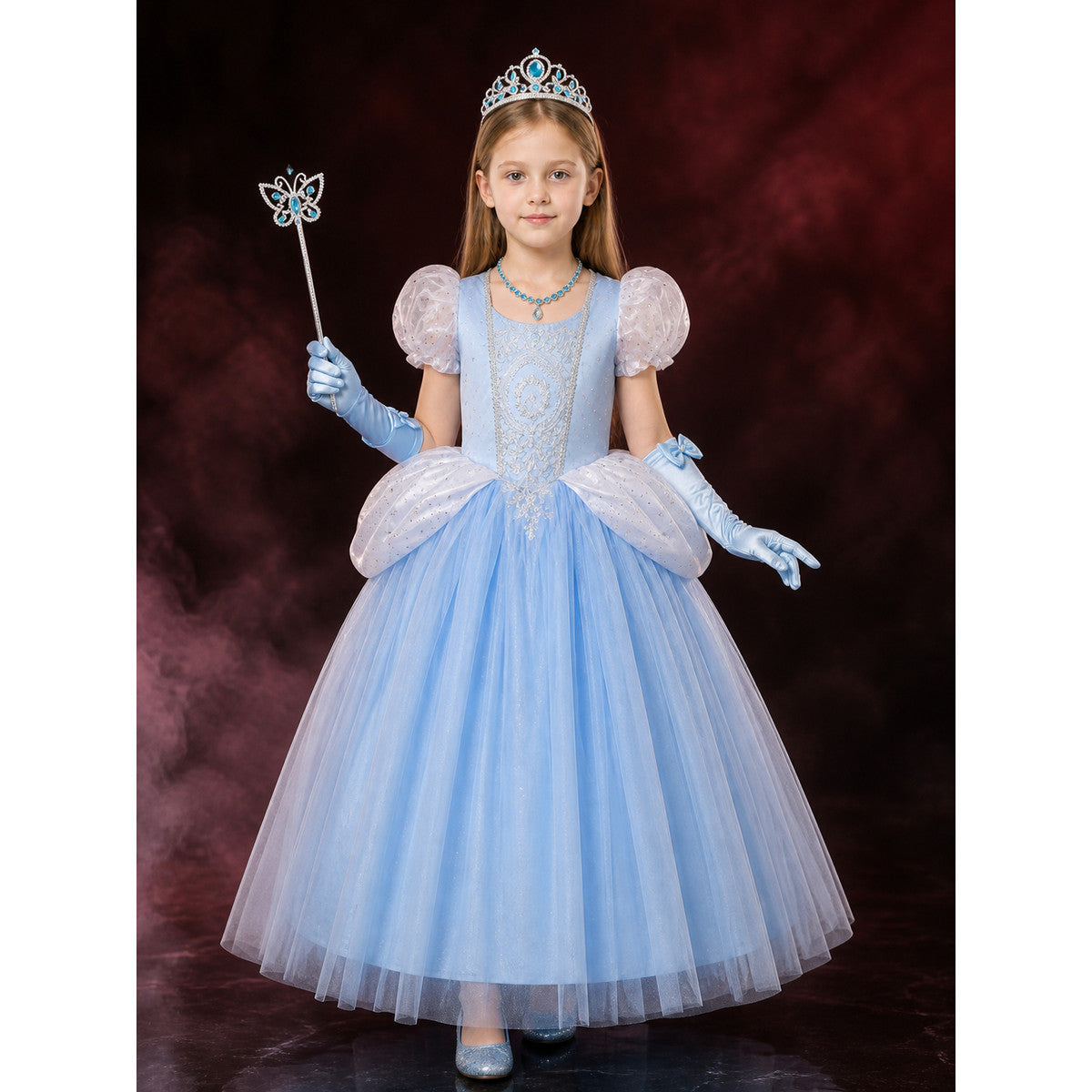 Girls Cinderella Princess Dress Costume Set - Light Blue Sparkly Tulle with lifestyle